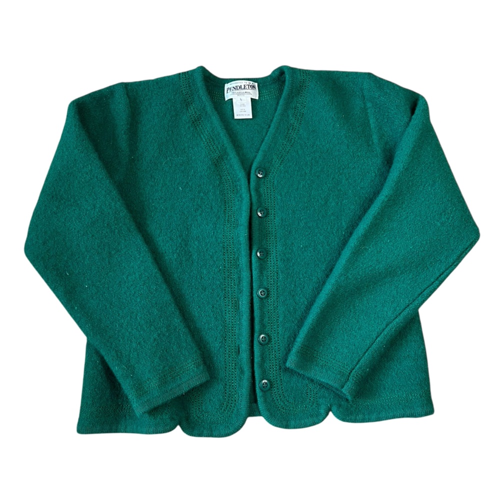 100% Virgin Wool Pendleton Green Button Up Cardigan with Embroidered Detail